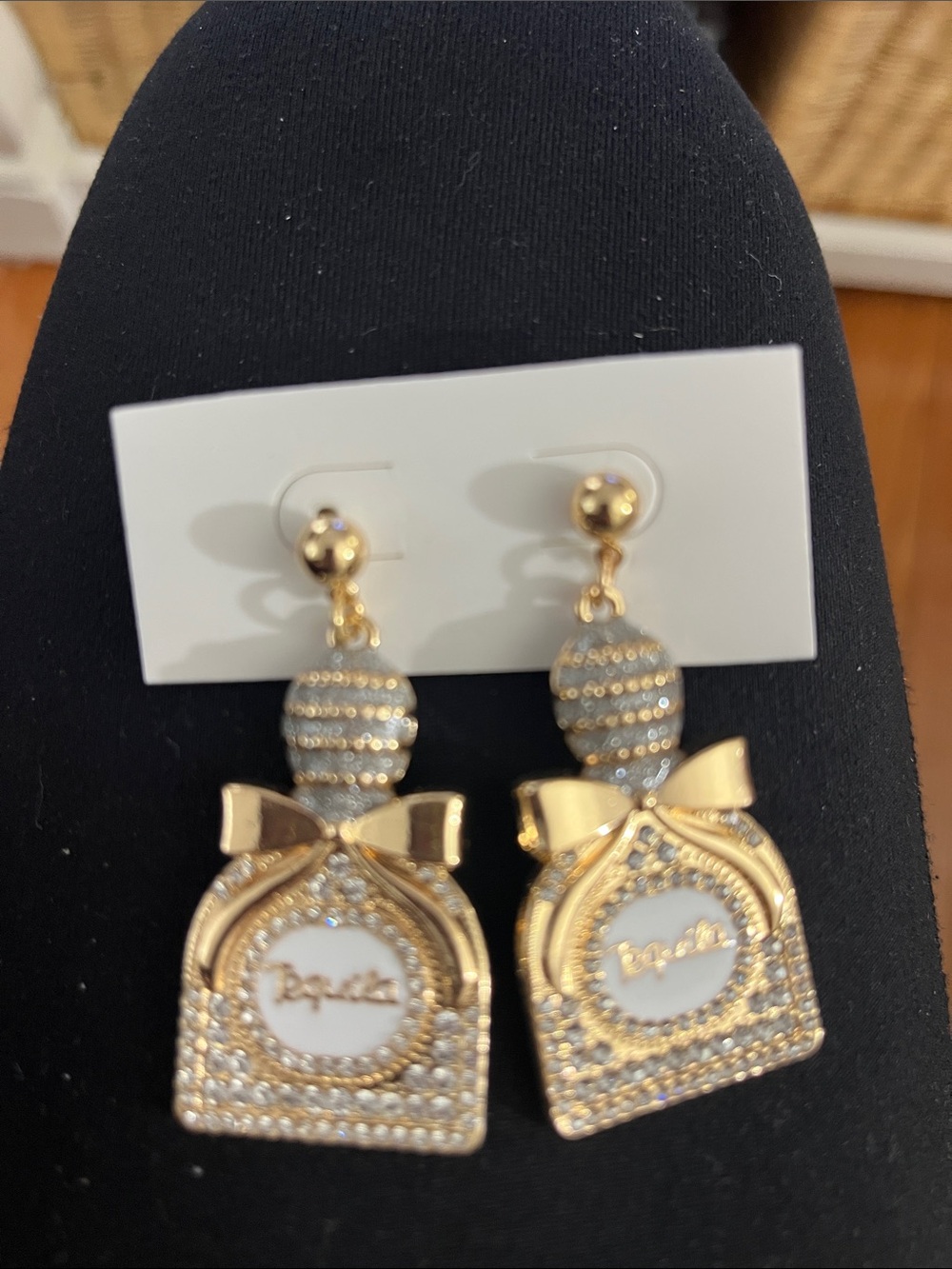 Tequila Gold pierced earrings White Bow Drop Earrings Crystal Accents NEW